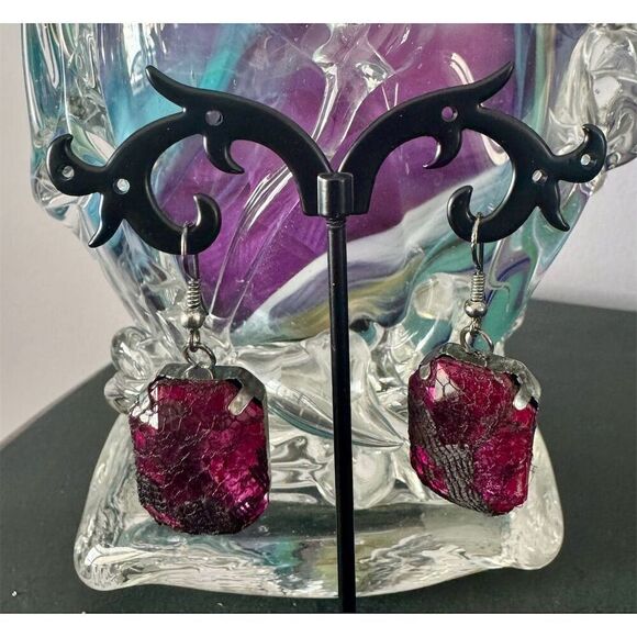 Violet Glass with Black Lace Overlay Dangle Earrings Hook Closure - Picture 1 of 3